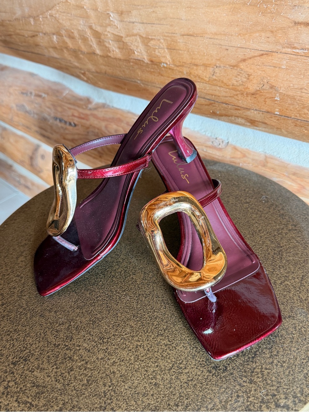 Lulu's Wine Patent Heeled Mules with Gold Sculptural Buckle